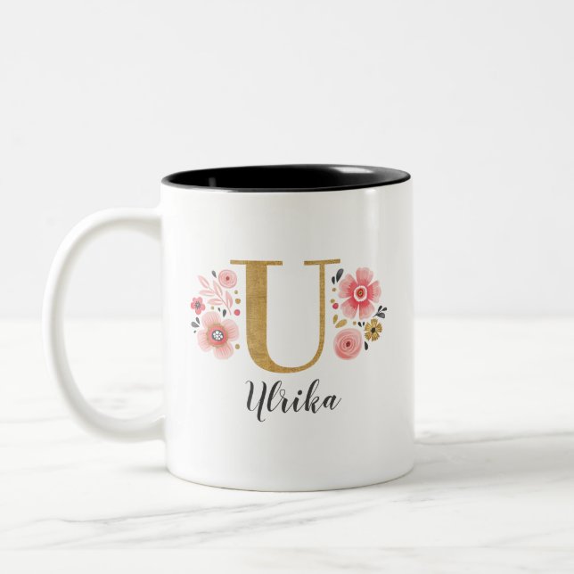 Monogram Pink Floral Initial Letter U Two-Tone Coffee Mug (Left)