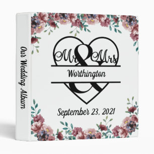 Monogram Pink Floral Name Date Wedding Album Binder