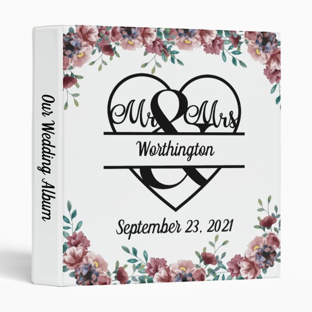 Monogram Pink Floral Name Date Wedding Album Binder (Front/Spine)