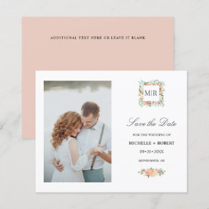 Monogram Pink Floral Photo Wedding SAVE THE DATE