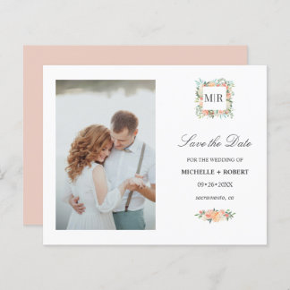 Monogram Pink Floral Photo Wedding SAVE THE DATE
