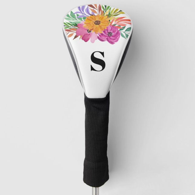 Monogram Pink Floral Tropical Watercolor  Golf Head Cover (Front)