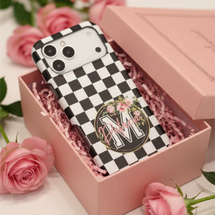 Monogram pink Flower black and white Chequered