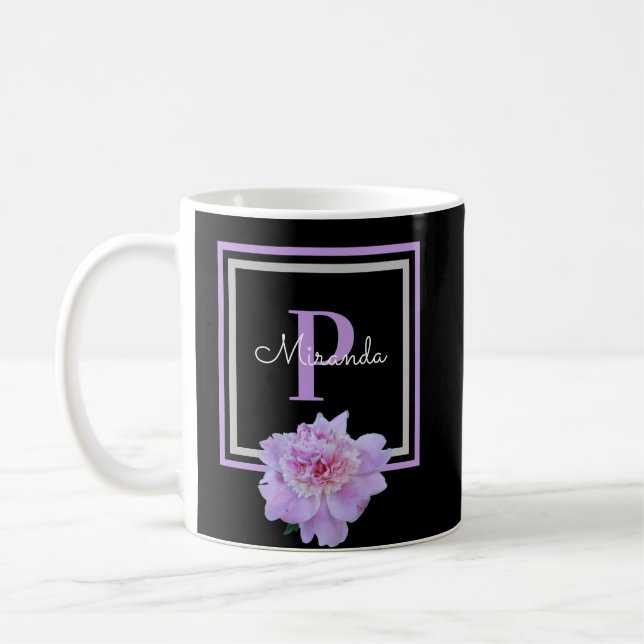 Monogram Pink Flower Black Coffee Mug (Left)