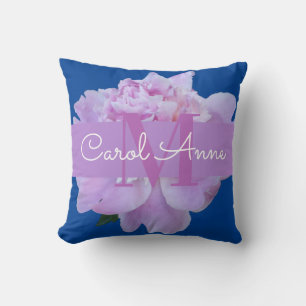 Monogram Pink Flower Blue Throw Pillow