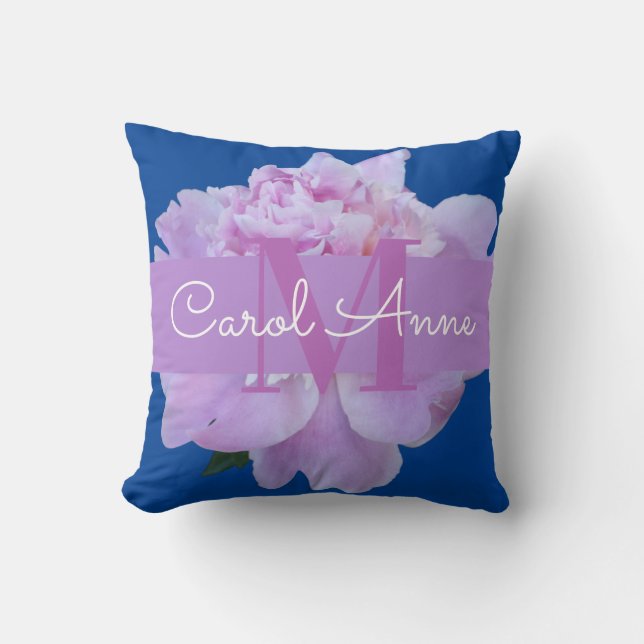 Monogram Pink Flower Blue Throw Pillow (Front)