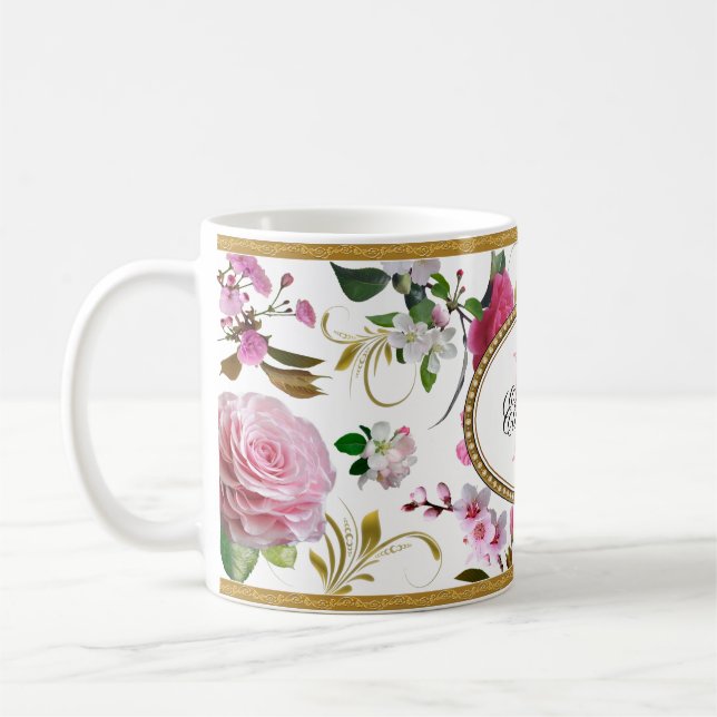 Monogram Pink Flowers Coffee Mug (Left)