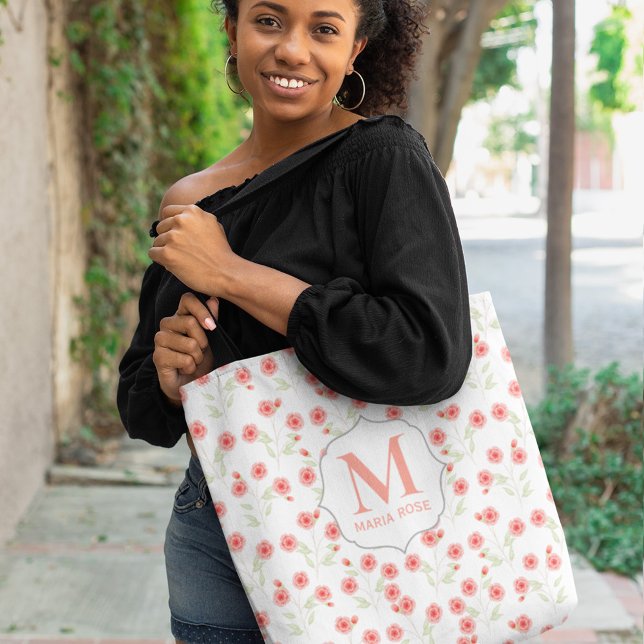 Monogram Pink Flowers Custom Name Tote Bag (Creator Uploaded)