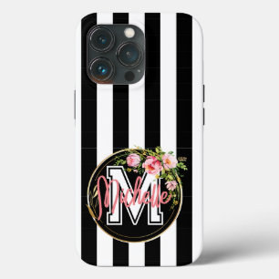 Monogram pink flowers with black and white striped iPhone 13 pro case