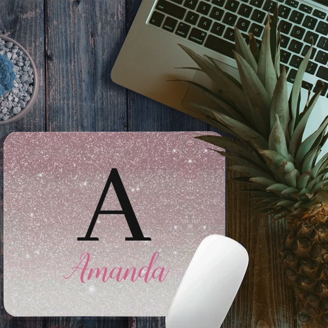 Monogram Pink Glitter Add Your Name + Initial Mouse Pad (Creator Uploaded)