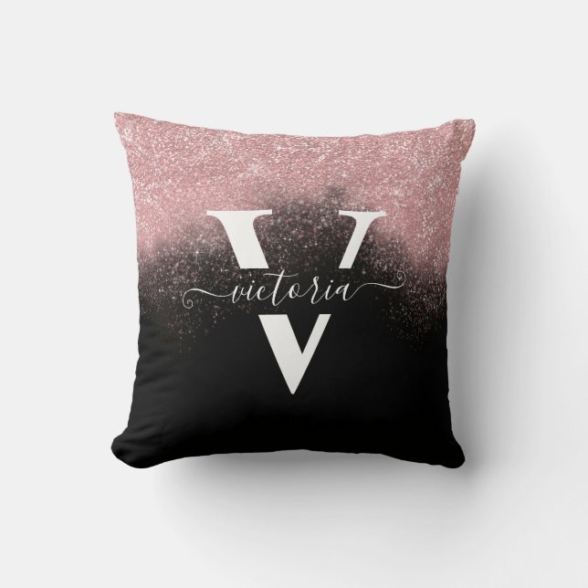 Monogram Pink Glitter Black Trendy Girly Custom Throw Pillow (Front)