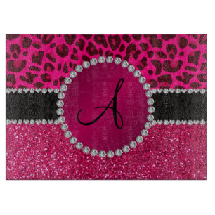 Monogram pink glitter neon hot pink leopard cutting board