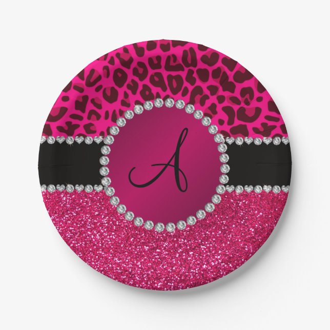 Monogram pink glitter neon hot pink leopard paper plate (Front)