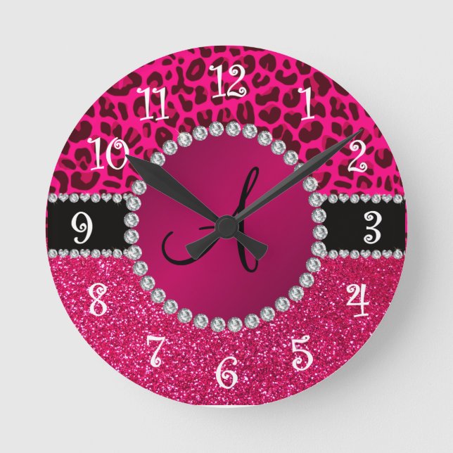 Monogram pink glitter neon hot pink leopard round clock (Front)