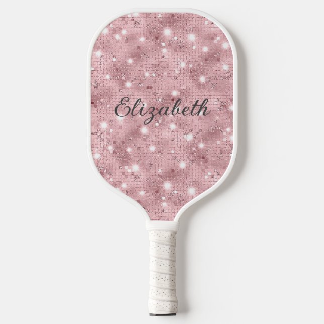 Monogram Pink Glitter Sparkle Trendy Glam Bling Pickleball Paddle (Front)