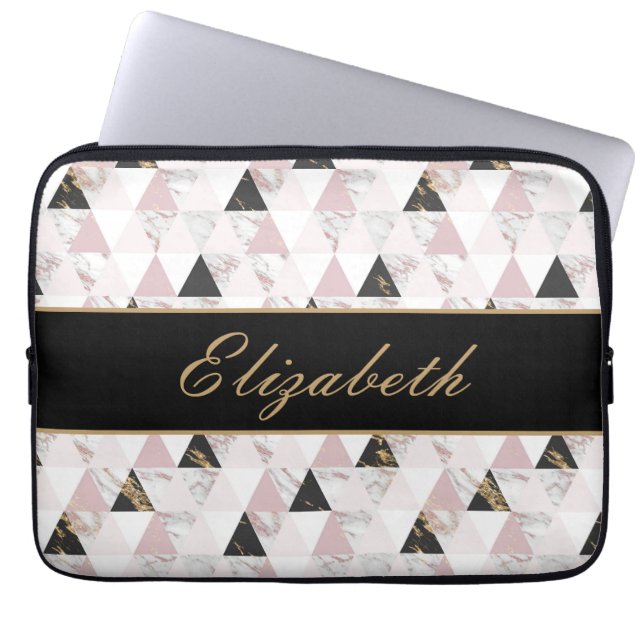 Monogram Pink Gold Black White Marble Geometric  Laptop Sleeve (Front)