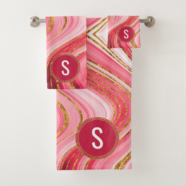 Monogram Pink Gold Geode Agate Glitter Bath Towel Set (Insitu)