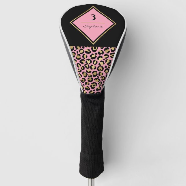 Monogram  Pink & Gold Leopard Print | Colour Block Golf Head Cover (Front)