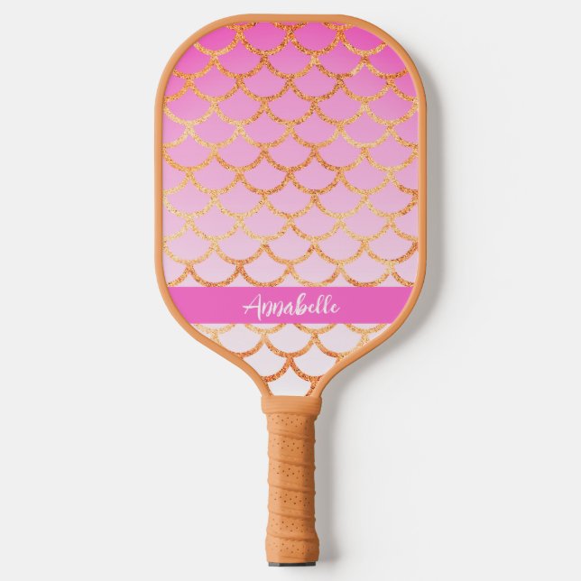 Monogram Pink Gold Mermaid Pattern Glitter Sparkle Pickleball Paddle (Front)