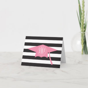 Monogram Pink Graduation Cap + Black Stripes Note Card