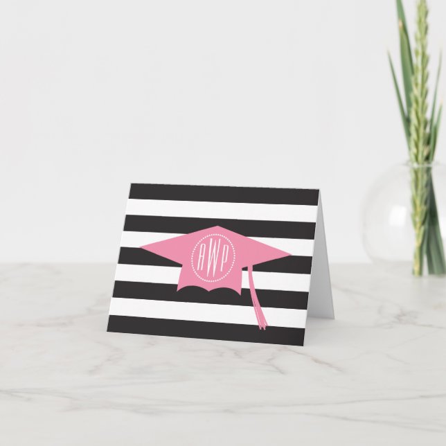 Monogram Pink Graduation Cap + Black Stripes Note Card (Front)