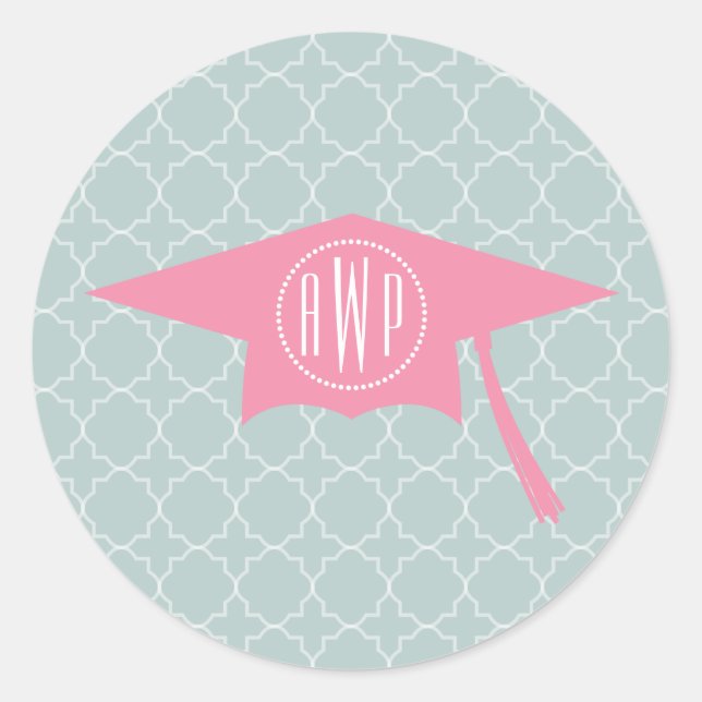 Monogram Pink Graduation Hat + Quatrefoil Classic Round Sticker (Front)