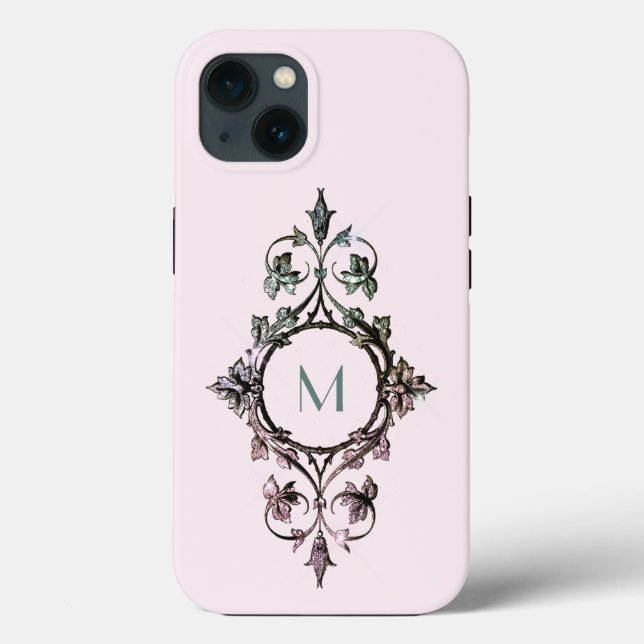 Monogram Pink Green Flourish Chic Ornate Girly Case-Mate iPhone Case (Back)