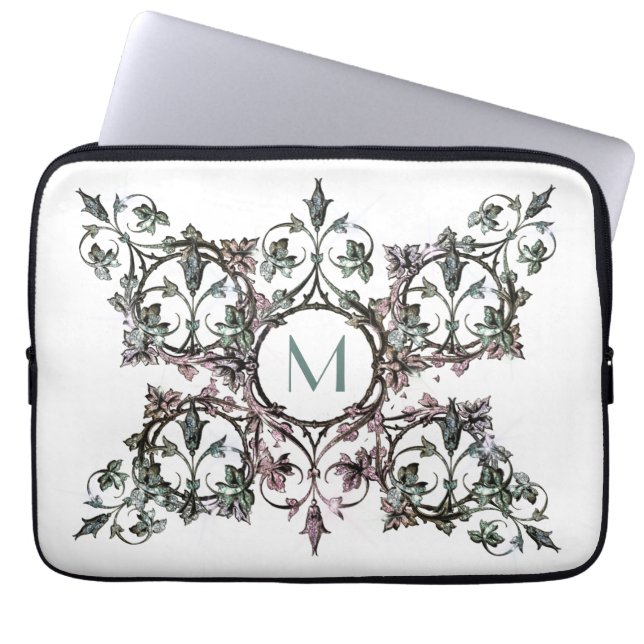 Monogram Pink Green Flourish Shabby Chic Ornate  Laptop Sleeve (Front)
