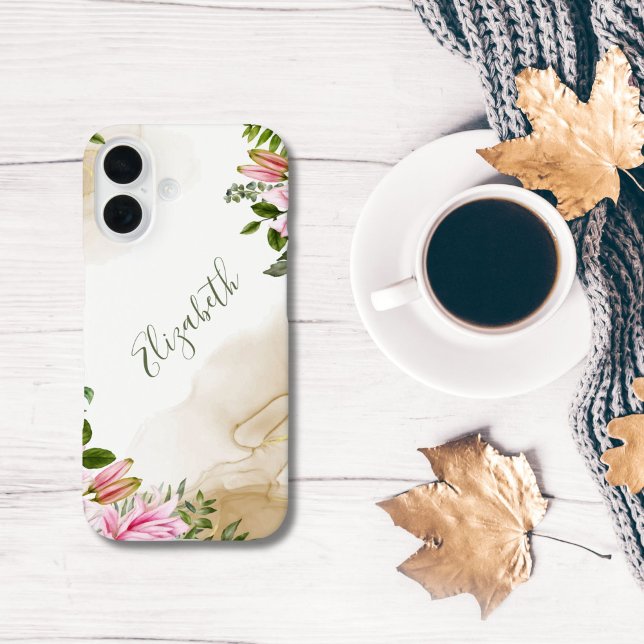 Monogram Pink Green Gold Floral Alcohol Ink Case-Mate iPhone Case (Monogram Name Pink Green Floral Watercolor Wash Alcohol Ink iPhone case)