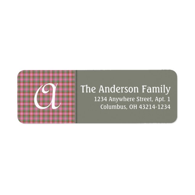 Monogram Pink & Green Plaid Return Address Label (Front)