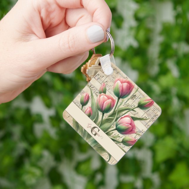 Monogram Pink & Green Vintage Tulips Sheet Music Keychain (Hand)