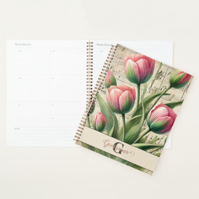 Monogram Pink & Green Vintage Tulips Sheet Music Planner (Display)