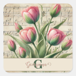 Monogram Pink & Green Vintage Tulips Sheet Music Square Sticker