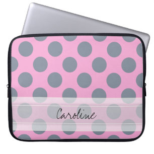 Monogram Pink Grey Chic Polka Dot Pattern Laptop Sleeve