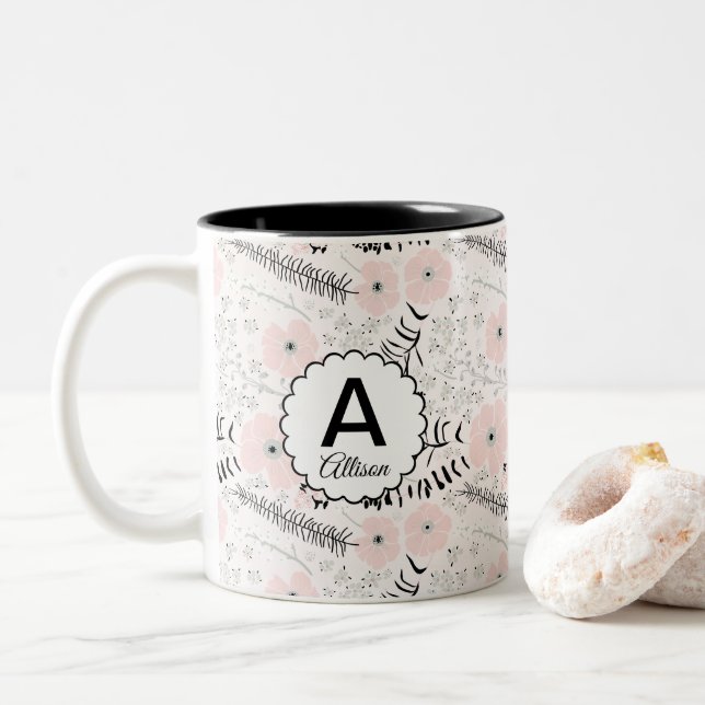 Monogram Pink Grey Floral Pattern Two-Tone Coffee Mug (With Donut)