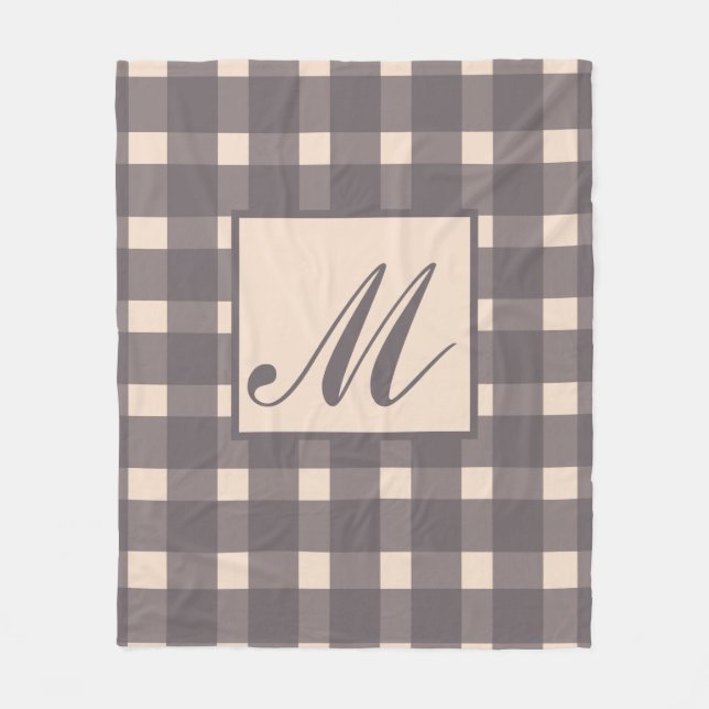 Monogram Pink Grey Gingham Pattern Fleece Blanket (Front)