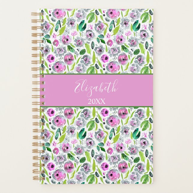Monogram Pink Grey Green Boho Watercolor Floral  Planner (Front)