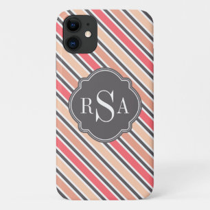 Monogram Pink Grey White Stripe Pattern iPhone 11 Case