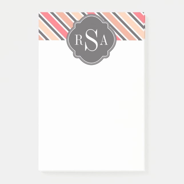 Monogram Pink Grey White Stripe Pattern Post-it Notes (Front)