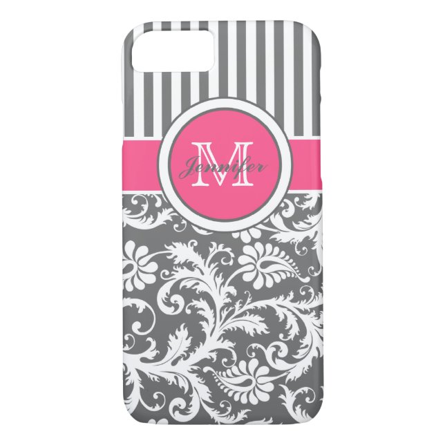 Monogram Pink Grey White Striped Damask Case-Mate iPhone Case (Back)