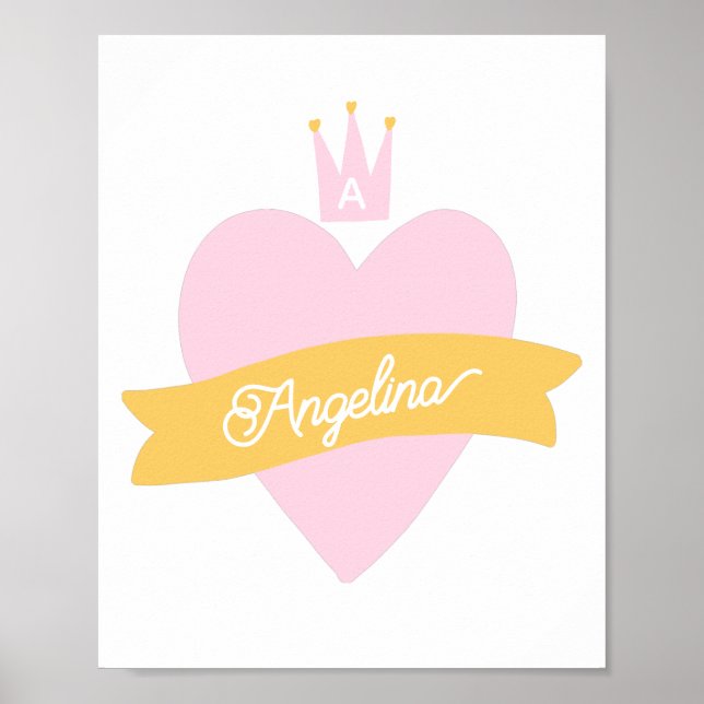 Monogram Pink Heart Crown Name Girly Princess  Poster (Front)
