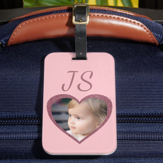 Monogram Pink Hearts Custom Kids Photo Luggage Tag (Front Insitu 2)