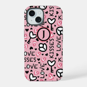 Monogram Pink Hearts Love Kisses Valentines Day iPhone 15 Case