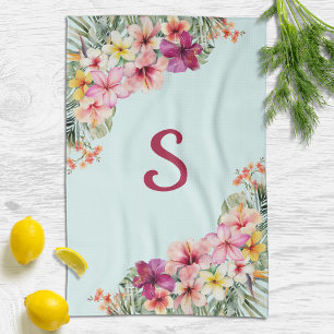 Monogram Pink Hibiscus Flowers Tropical Floral Kitchen Towel