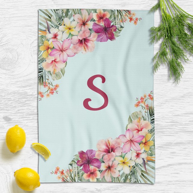 Monogram Pink Hibiscus Flowers Tropical Floral Kitchen Towel (In situ)
