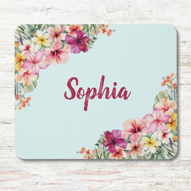 Monogram Pink Hibiscus Flowers Tropical Floral Mouse Pad (Close up)