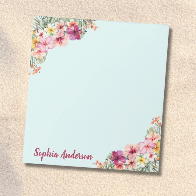 Monogram Pink Hibiscus Flowers Tropical Floral Notepad (Close up)