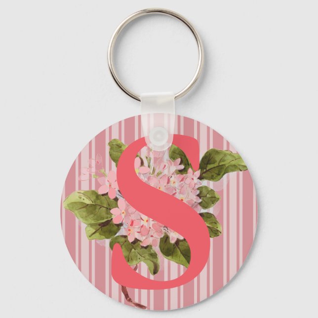 Monogram Pink Hydrangea Flowers Stripes Girly Keychain (Front)