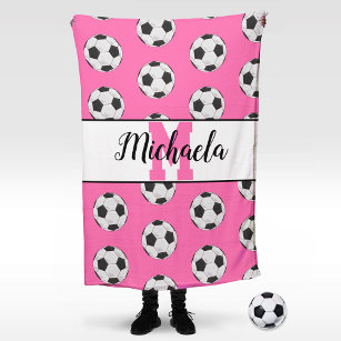 Monogram Pink Initial Soccer Ball Pattern Fleece Blanket