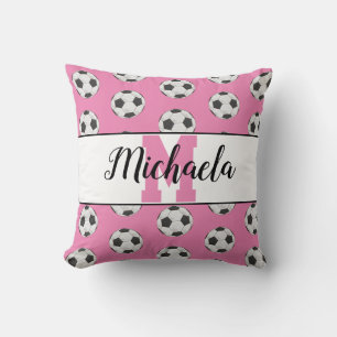 Monogram Pink Initial Soccer Ball Pattern Throw Pillow